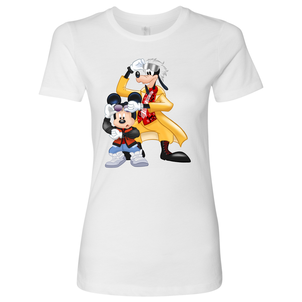 MICKFLY 2 - Mickey Mouse as Marty McFly and Goofy as Doc Brown Womens T-Shirt