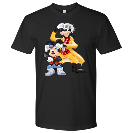 MICKFLY 2 - Mickey Mouse as Marty McFly and Goofy as Doc Brown Mens T-Shirt