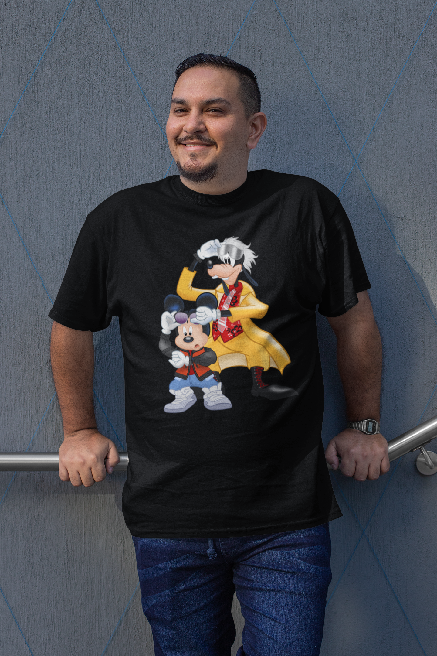 MICKFLY 2 - Mickey Mouse as Marty McFly and Goofy as Doc Brown Mens T-Shirt