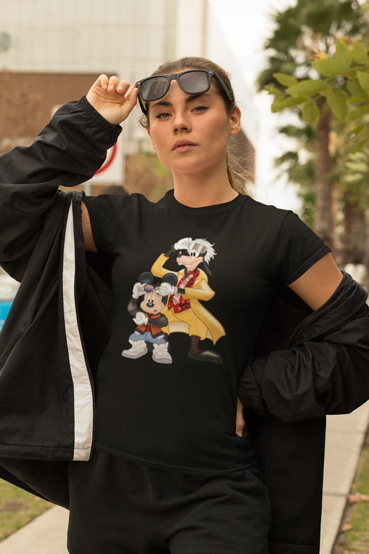 MICKFLY 2 - Mickey Mouse as Marty McFly and Goofy as Doc Brown Womens T-Shirt