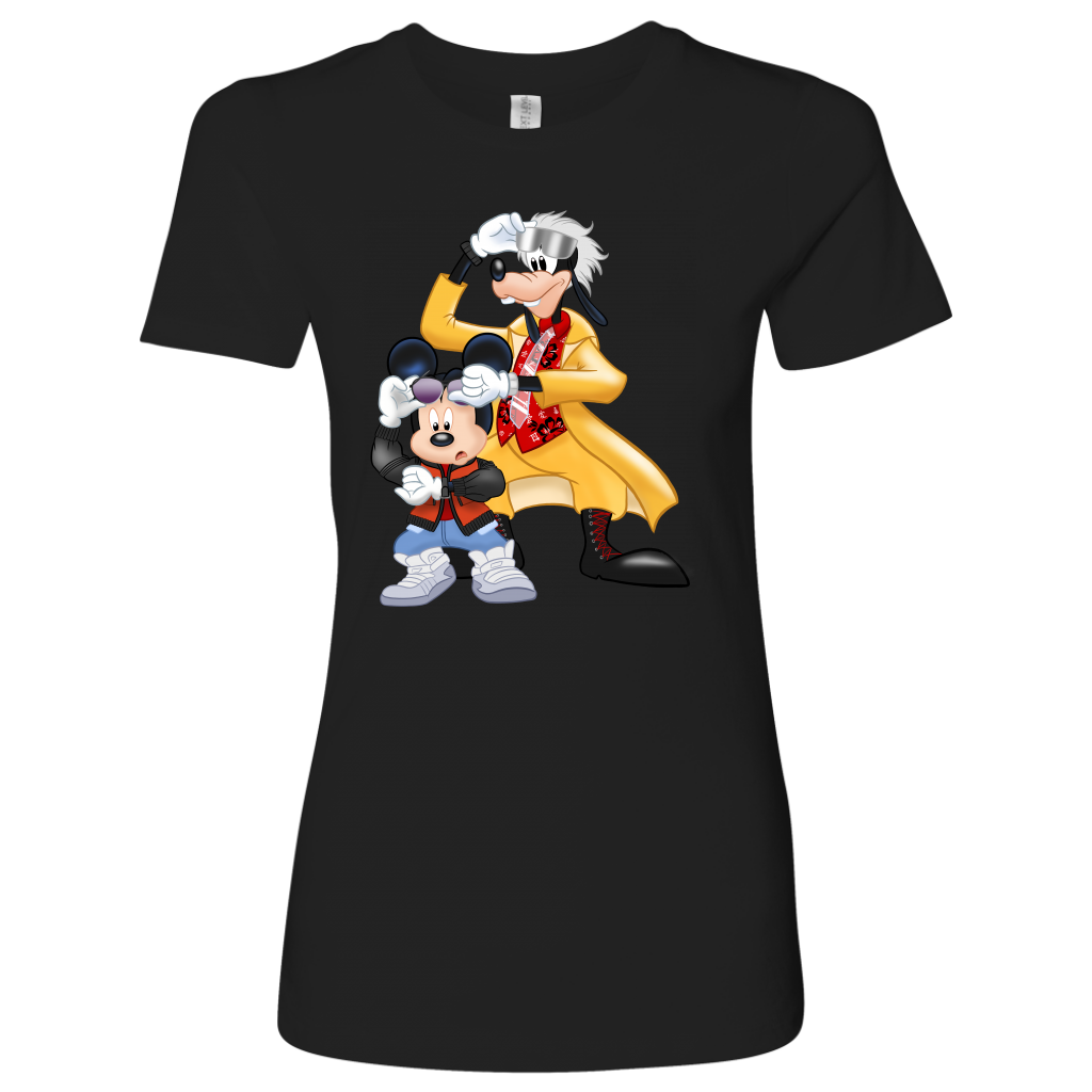 MICKFLY 2 - Mickey Mouse as Marty McFly and Goofy as Doc Brown Womens T-Shirt
