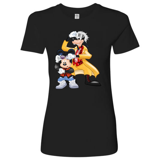MICKFLY 2 - Mickey Mouse as Marty McFly and Goofy as Doc Brown Womens T-Shirt